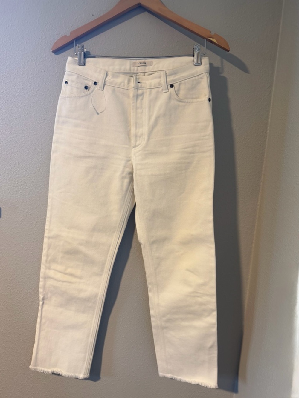 Celine Off-White Cropped Denim Jeans with Branded Waistband